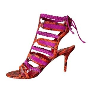 Brian Atwood Felisa Sandals Mixed Media Orange Pink Strappy Leather Size 10